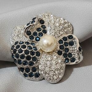Lauren G Adams Crystal Flower Brooch Pin Pearl Center Blue Rhinestone